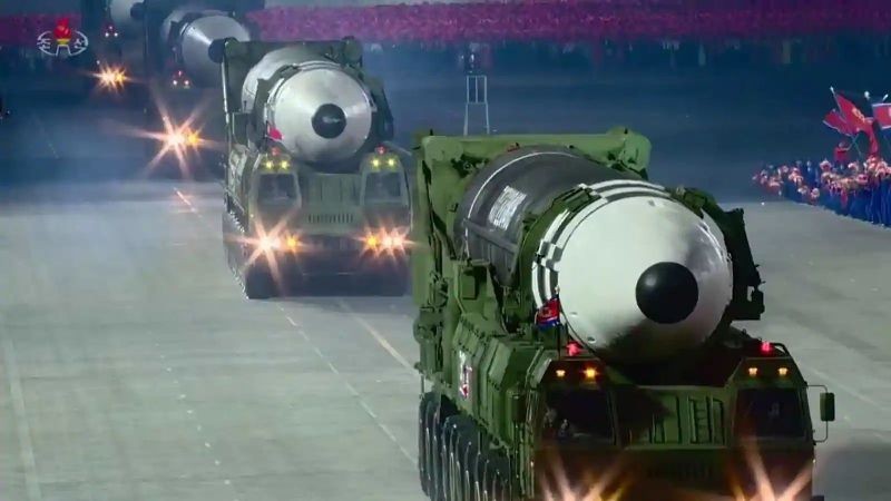A screen grab taken from a KCNA broadcast on October 10, 2020 shows what appears to be new North Korean intercontinental ballistic missiles during a military parade marking the 75th anniversary of the founding of the Workers' Party of Korea, on Kim Il Sung square in Pyongyang (AFP)